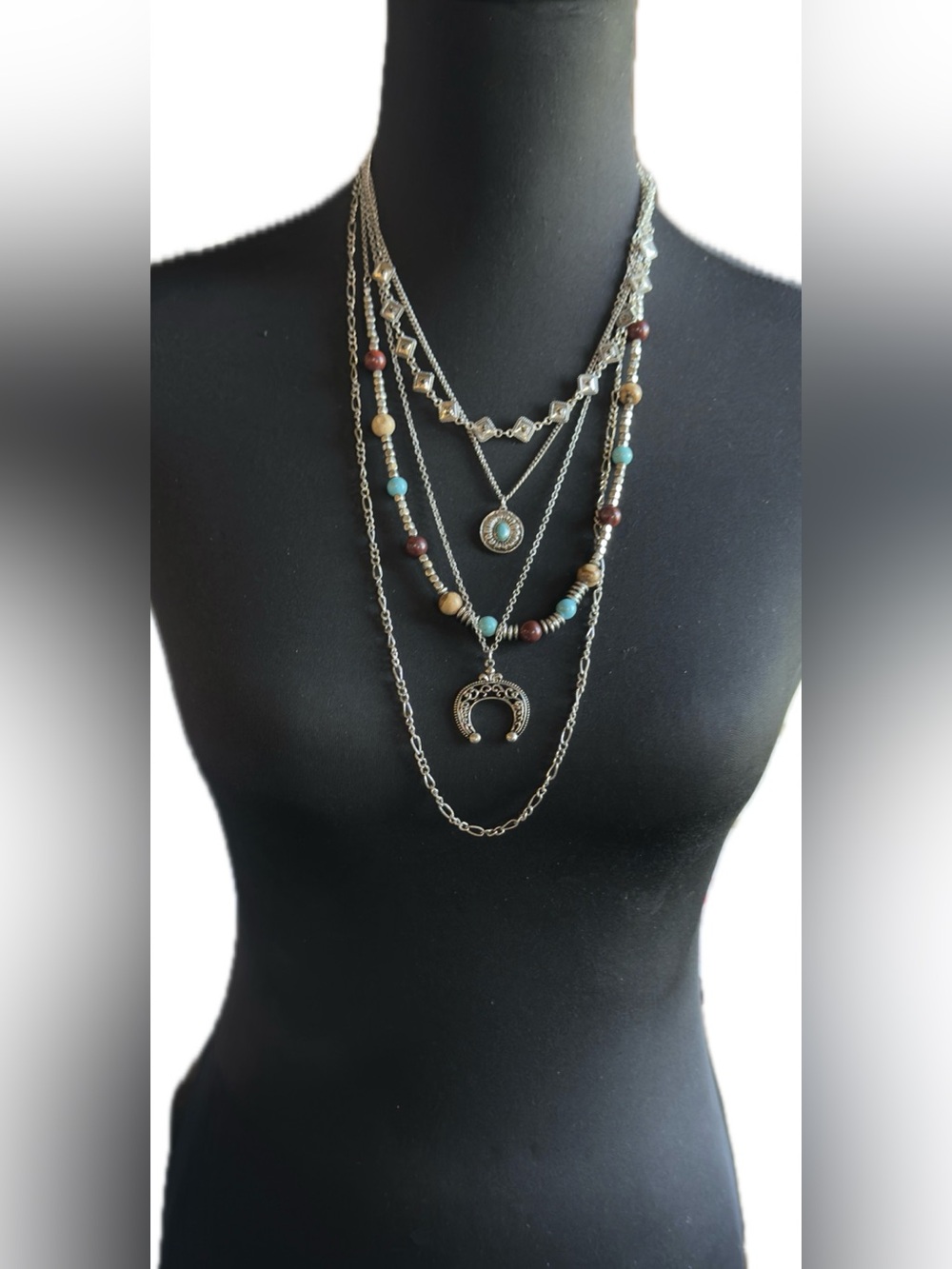 Shyanne Silver-Tone Layered Boho Necklace with Turquoise & Brown Beads